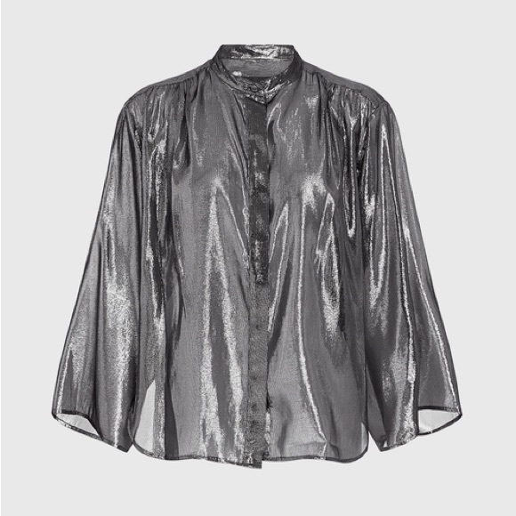 NWT - NILI LOTAN Sz Medium- Marlaina Silver Metallic Sheer Button Up Blouse - Picture 3 of 12